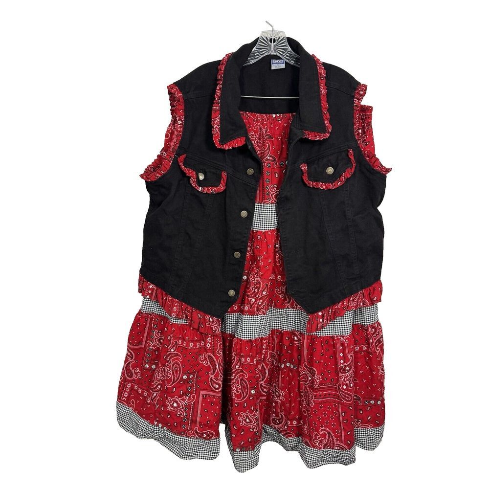 Vintage Watch LA Black Red Denim Jean Vest Bandana Skirt Western Cowgirl 4XL Set